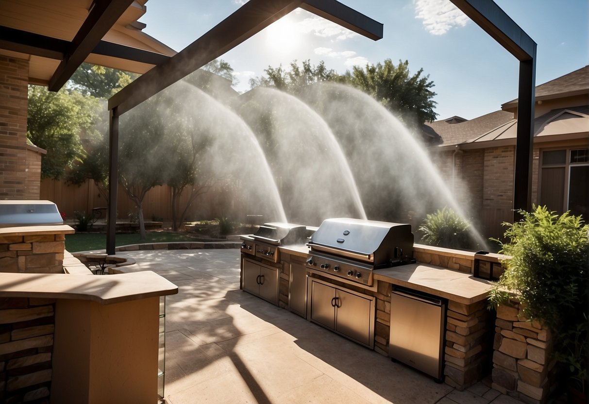 An outdoor kitchen with a large shaded area, built-in fans, and a misting system to combat the heat in Dallas, Texas
