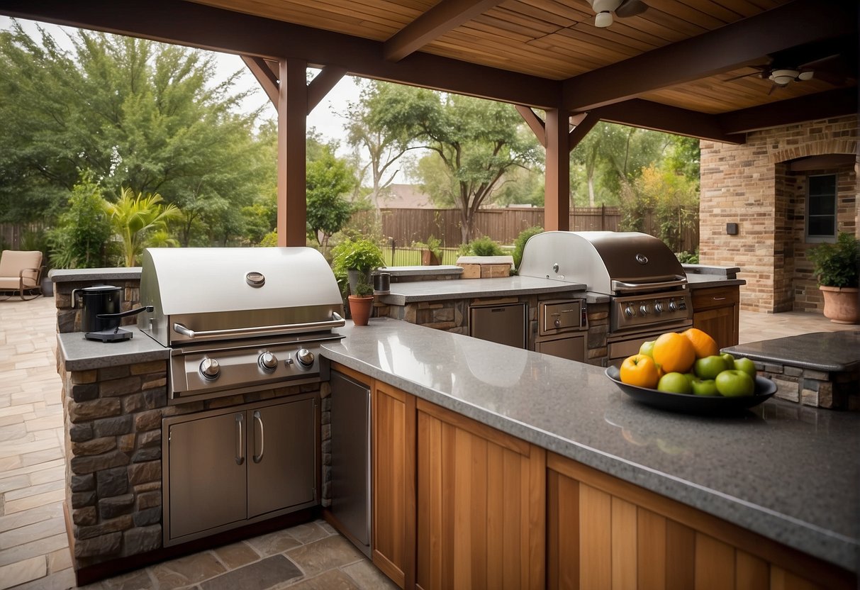 An outdoor kitchen with durable materials, resistant to weather, suitable for Dallas, TX