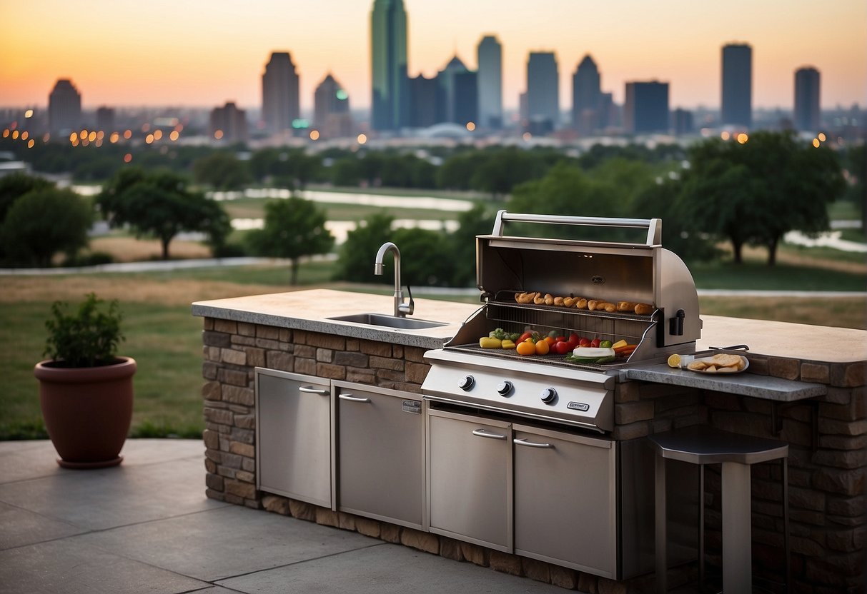 An outdoor kitchen with a grill, sink, and refrigerator, set against a backdrop of Dallas, TX skyline