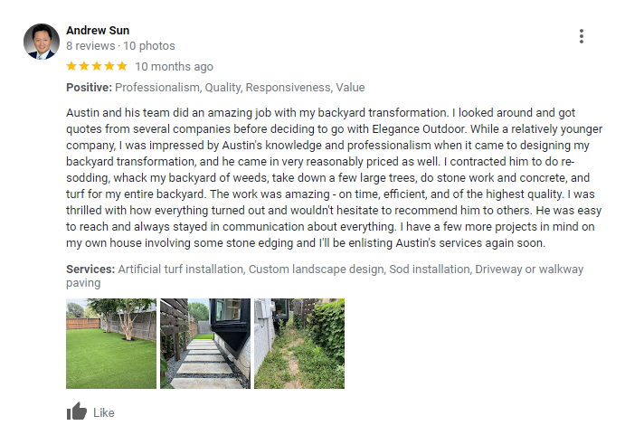 Client review from Elegance Outdoor Living Dallas ,TX