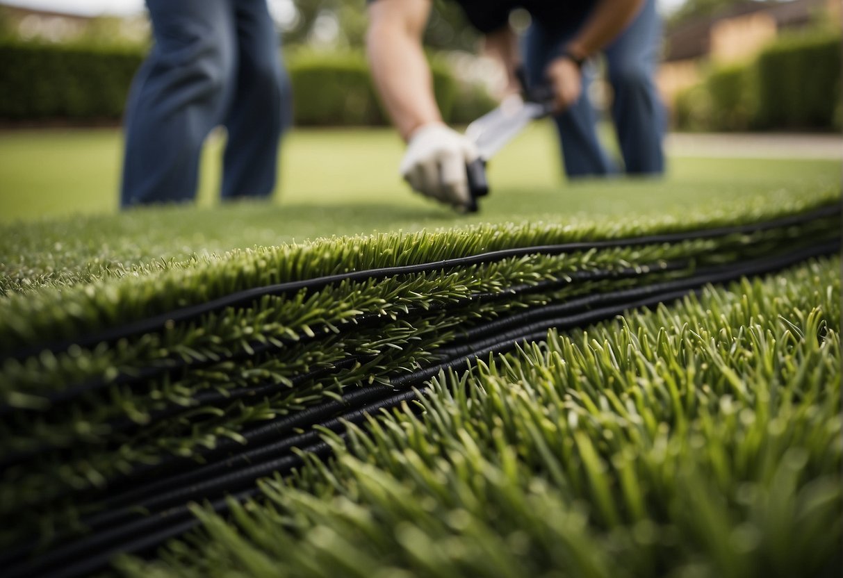 A professional team installs artificial turf in a Dallas backyard, carefully smoothing out the material and securing it in place for a flawless finish