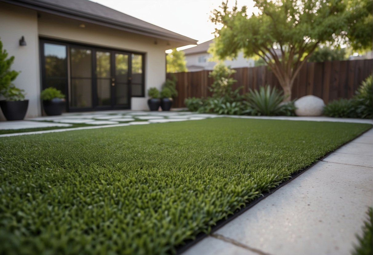 A lush, green artificial turf lawn stretches out in front of a modern Dallas home, with neatly trimmed edges and a natural-looking texture. A professional installation team works diligently to ensure a flawless finish