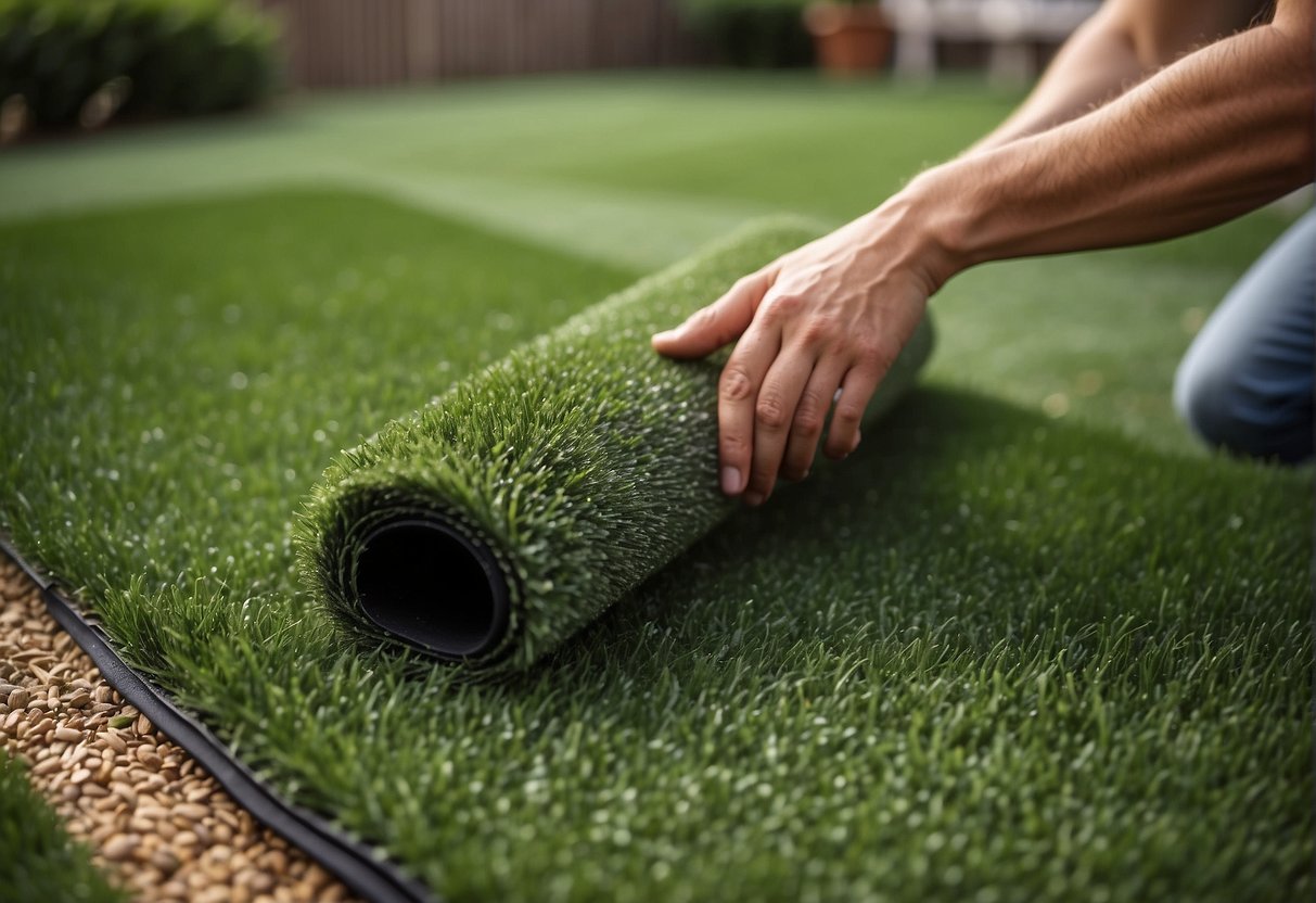 A professional installer lays artificial turf in a Dallas backyard, carefully smoothing out the material to create a seamless and natural-looking lawn