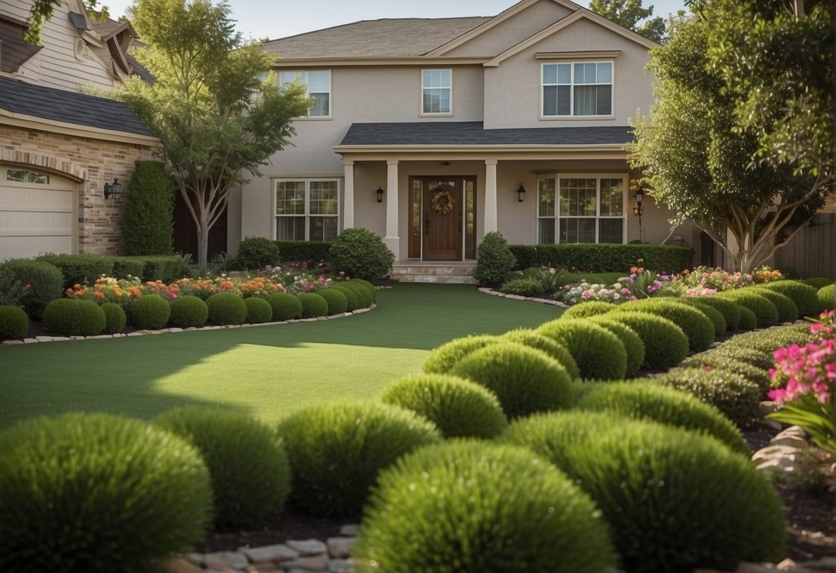A lush, green artificial turf lawn stretches out in front of a suburban Dallas home, surrounded by neatly trimmed hedges and flowering bushes. A professional installation team works diligently, laying down the turf with precision and care