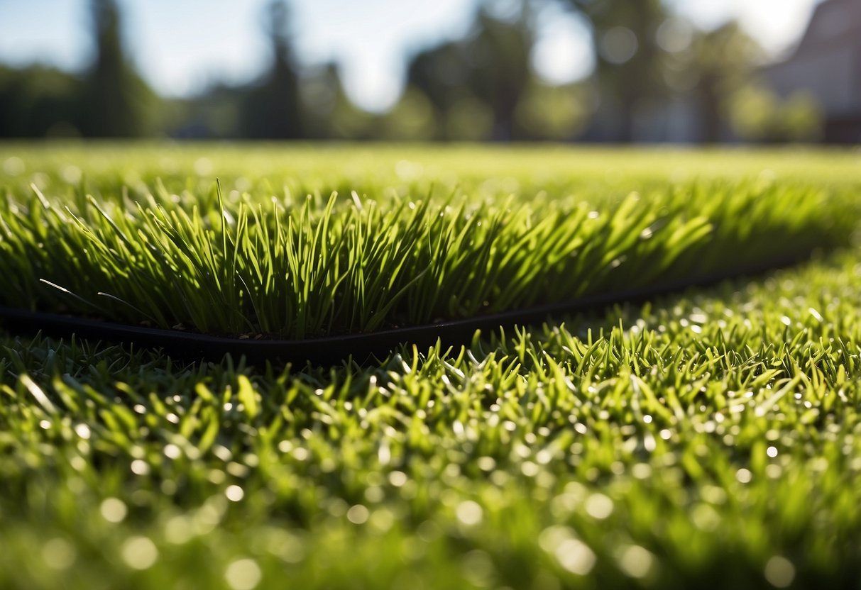 A lush green lawn with fresh sod laid out in neat rows, contrasting with a section of vibrant artificial turf, under the warm summer sun