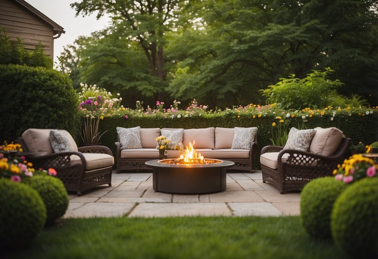 A lush green lawn with a variety of colorful flowers and shrubs, a neatly trimmed hedge, and a cozy outdoor seating area with a fire pit and stylish furniture