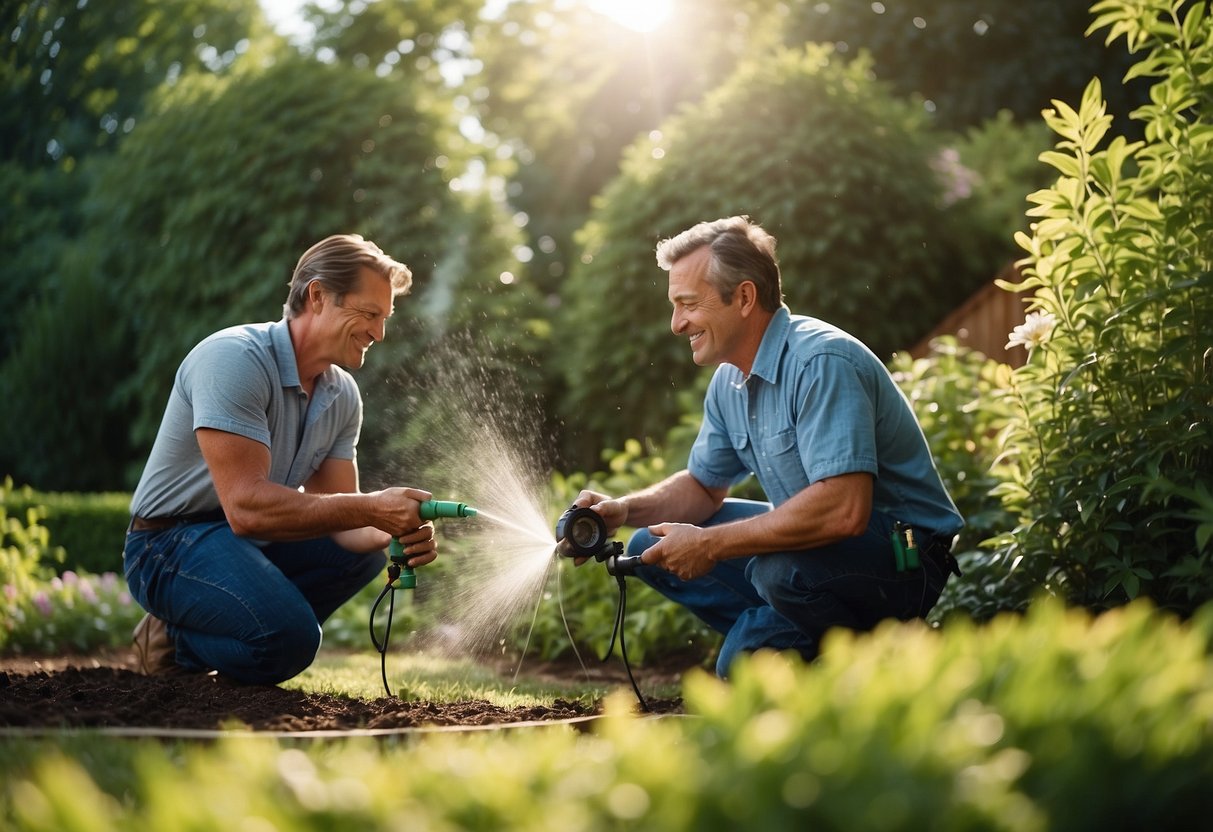 A professional installing a sprinkler system in a lush green backyard, surrounded by blooming flowers and vibrant greenery. The sun is shining, and the sky is a bright blue, creating a picturesque outdoor scene