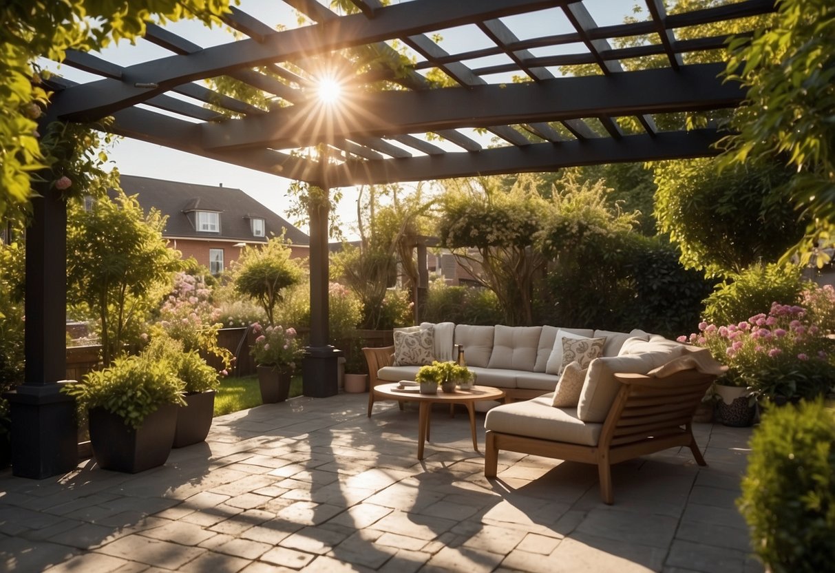 A pergola is being installed in a backyard, surrounded by lush greenery and blooming flowers. The sun is shining, casting a warm glow on the outdoor space