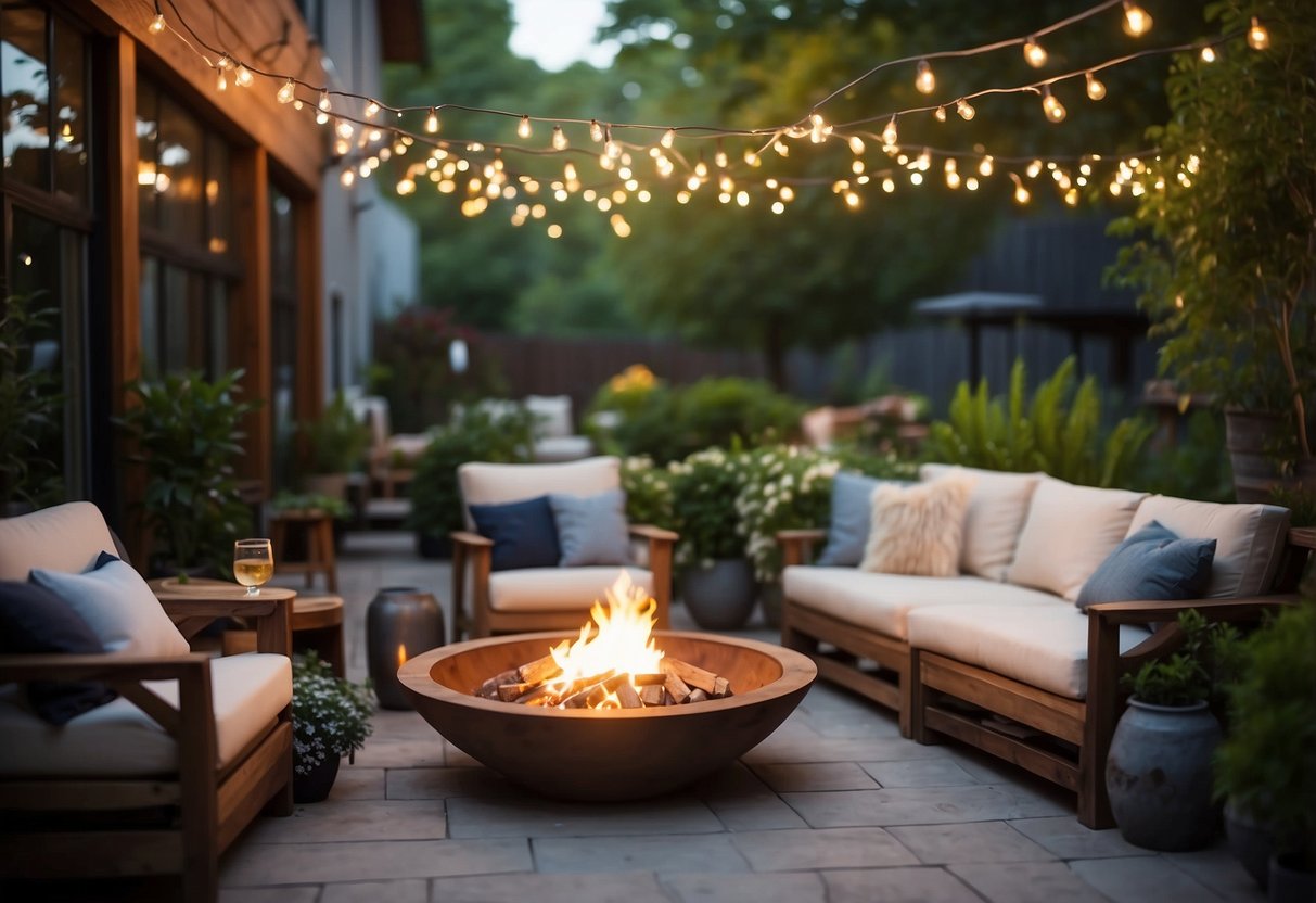 A cozy outdoor patio with a fire pit, comfortable seating, and string lights overhead. Lush greenery surrounds the space, creating a peaceful and inviting atmosphere for outdoor gatherings and relaxation