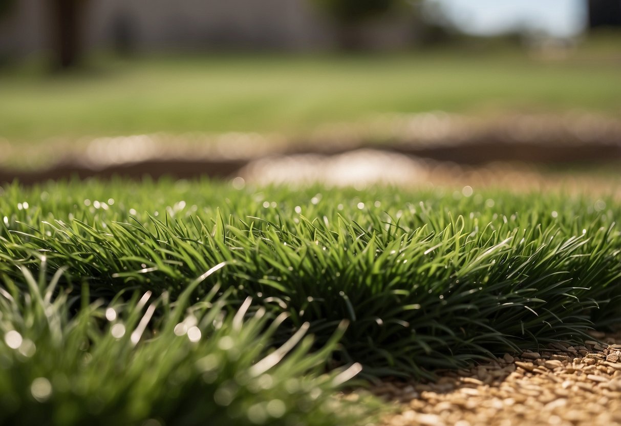 A lush, green artificial grass lawn in Carrollton TX, surrounded by dry, brown natural grass. A water hose lies unused nearby, highlighting the water conservation benefits of the artificial grass during a drought