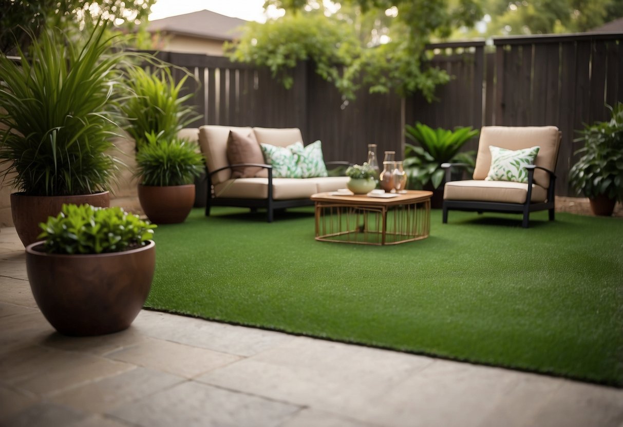 A lush, vibrant yard of artificial grass in Carrollton, TX, with a mix of textures and shades, surrounded by modern outdoor furniture and decor