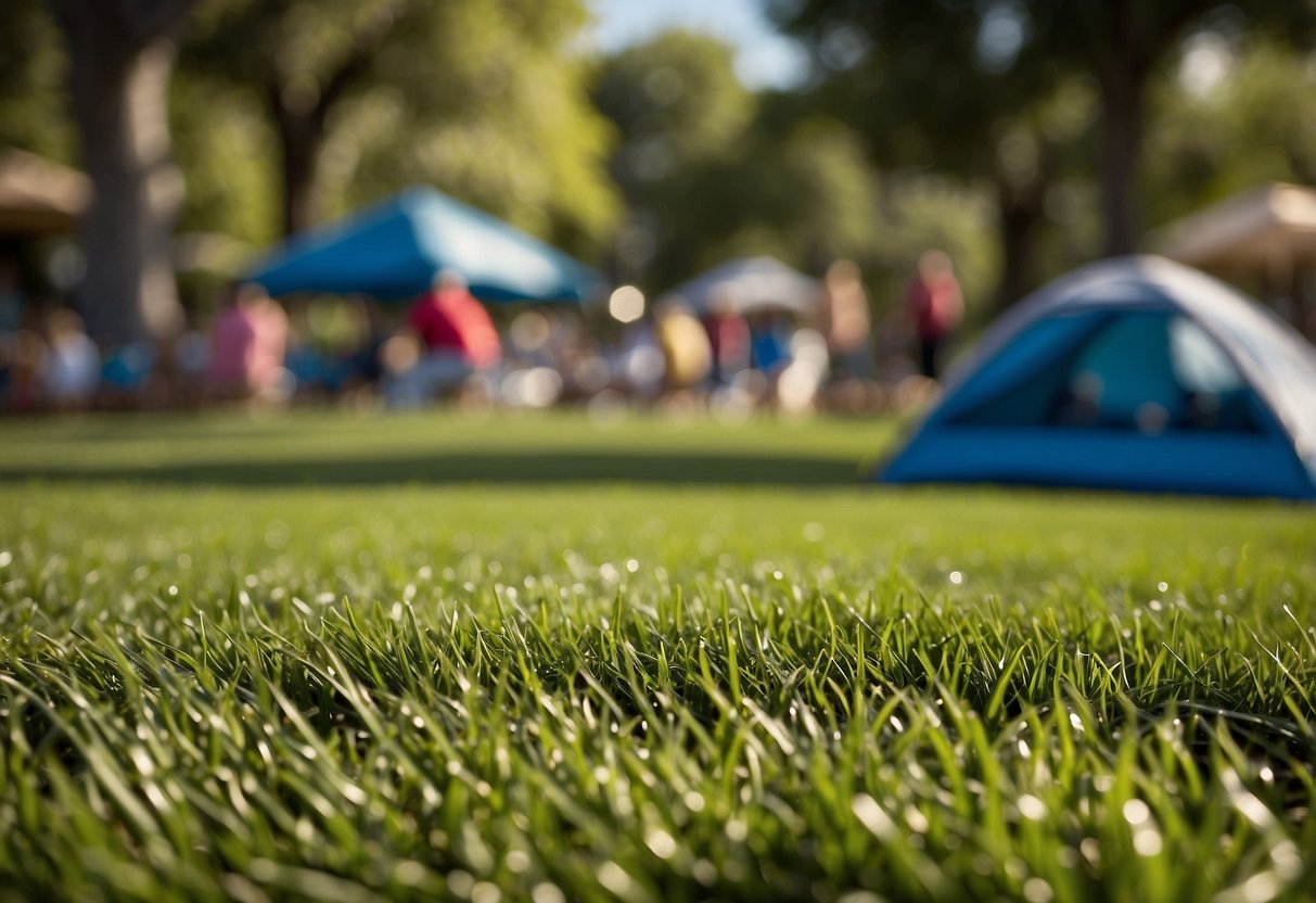 Lush artificial grass in Carrollton TX, with families picnicking, kids playing, and pets running freely, showcasing the enhanced outdoor recreation benefits