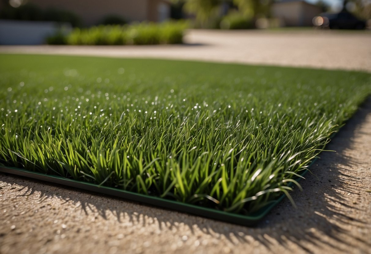 A lush green artificial grass lawn in Carrollton TX, with a sign showcasing long-term performance and warranty benefits