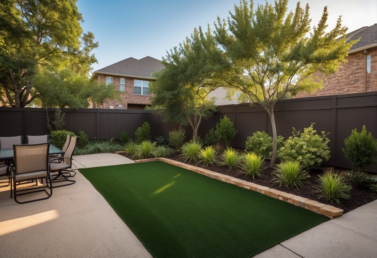 A neatly manicured backyard with artificial grass in Carrollton TX, surrounded by lush greenery and minimal upkeep