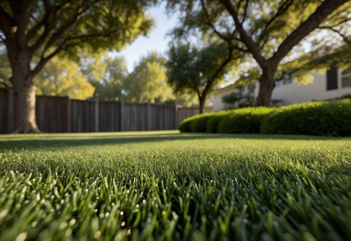 Vibrant green artificial grass covers a yard in Carrollton TX. Trees and plants thrive, while no water is wasted