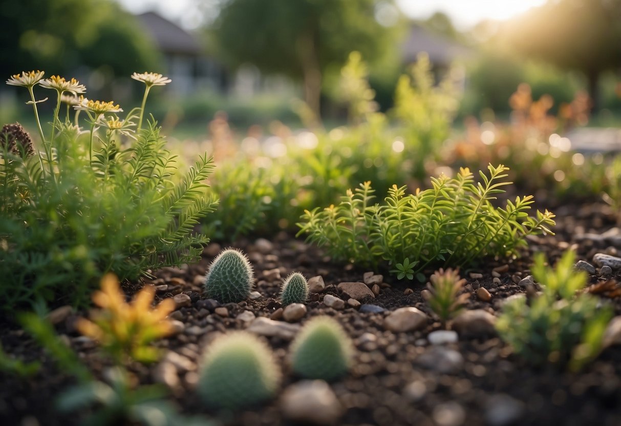 A variety of native plants thrive in a Dallas landscape, attracting wildlife. The scene includes low-maintenance plants in a natural setting