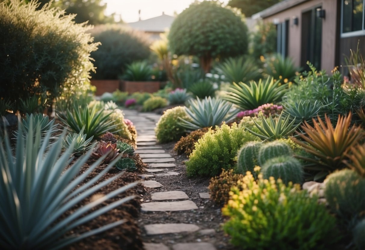 A lush garden with low-maintenance plants like succulents and ornamental grasses, surrounded by efficient irrigation systems and compost bins