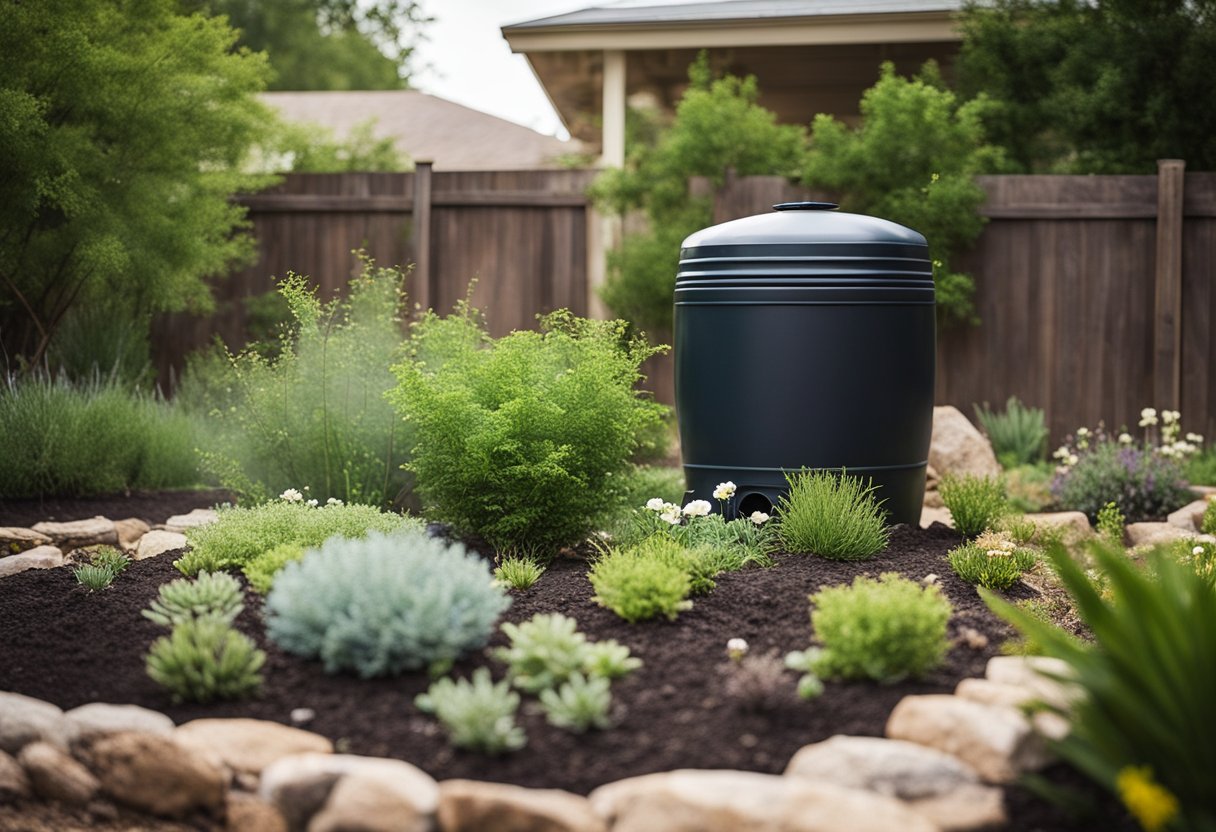 A Texas yard with native plants, rocks, and a rain barrel. A drip irrigation system waters the garden, conserving water