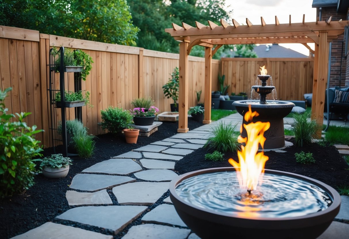 A backyard with a variety of DIY landscaping features: a small herb garden, a stone pathway, a cozy fire pit, a wooden pergola, and a bubbling water fountain