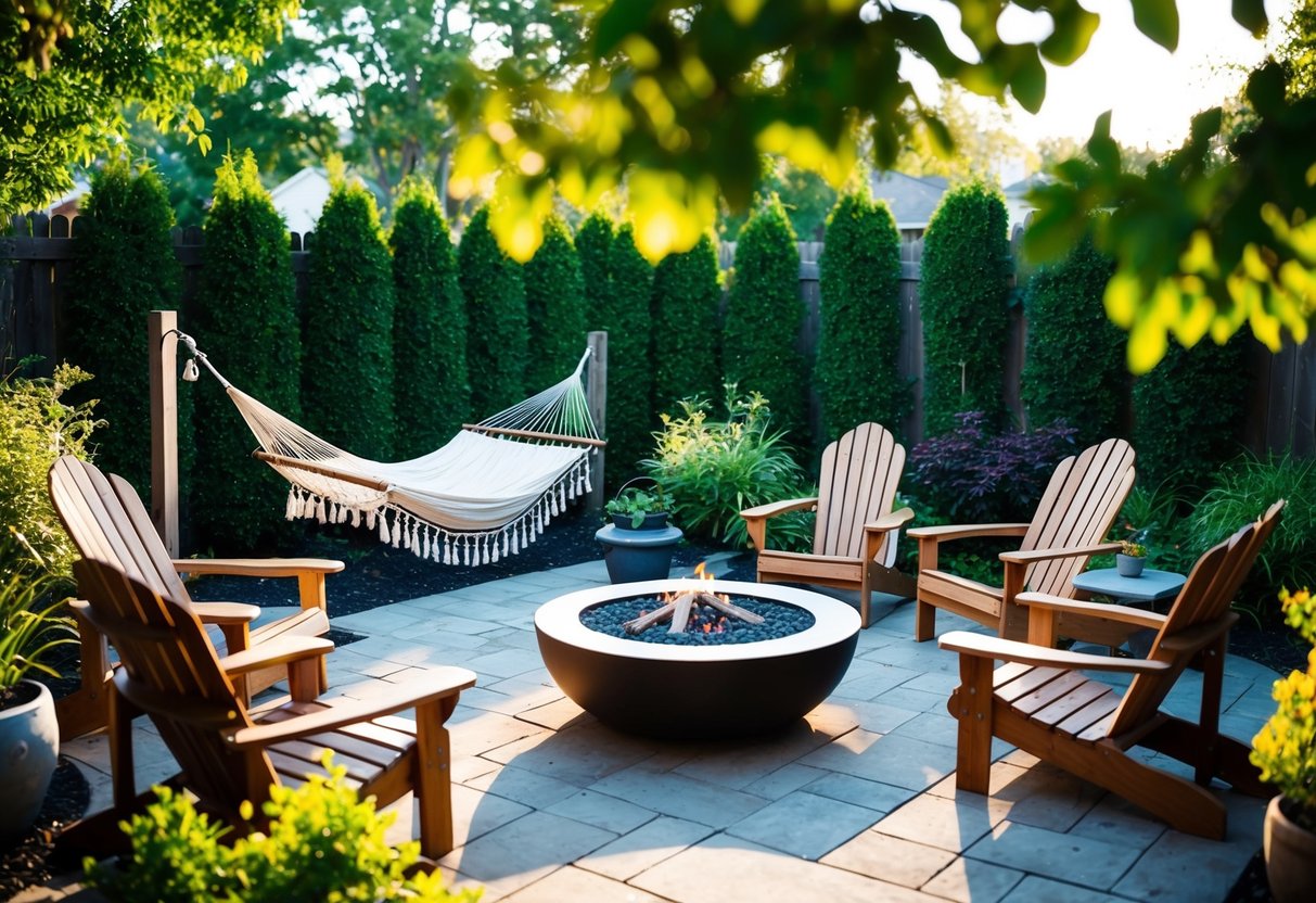 A backyard with several cozy seating areas, including a hammock, Adirondack chairs around a fire pit, and a wooden bench nestled among lush greenery