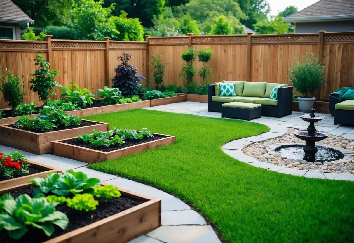 A backyard with neatly arranged flower beds, a small vegetable garden, a winding stone pathway, a cozy seating area, and a decorative water feature