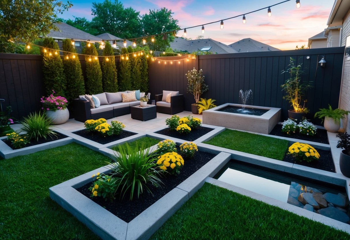 A backyard with neatly arranged flower beds, a cozy seating area, a small water feature, and decorative lighting