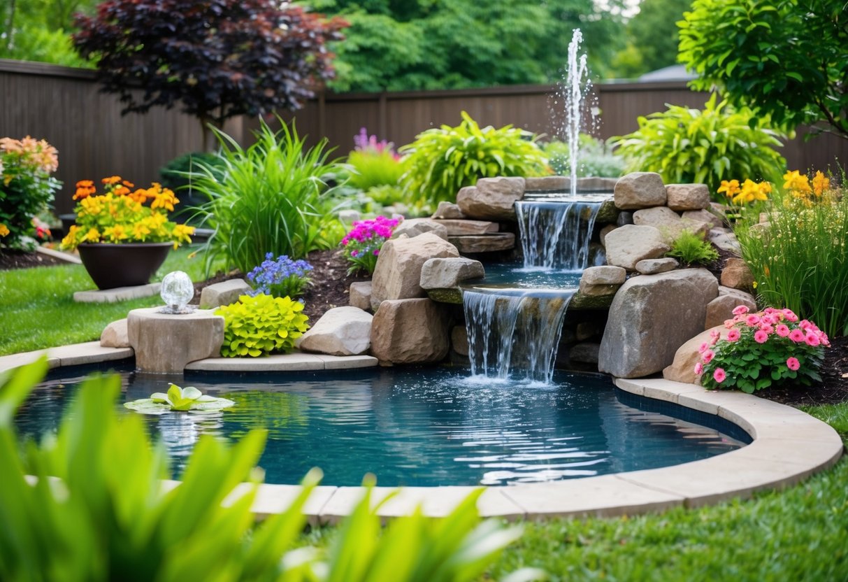 A backyard with a variety of water features, including a small pond, fountain, and waterfall, surrounded by lush greenery and colorful flowers