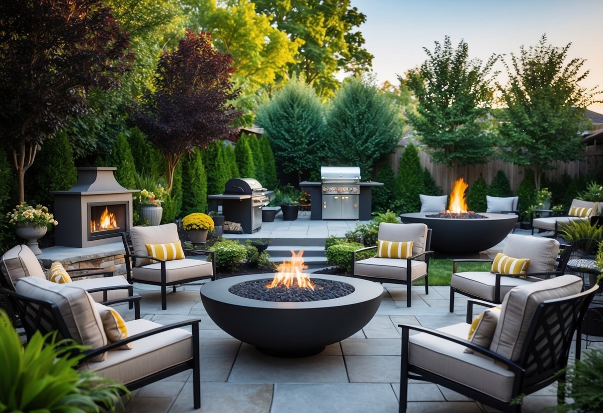 A backyard with a variety of fire pits and outdoor fireplaces surrounded by lush landscaping and comfortable seating areas