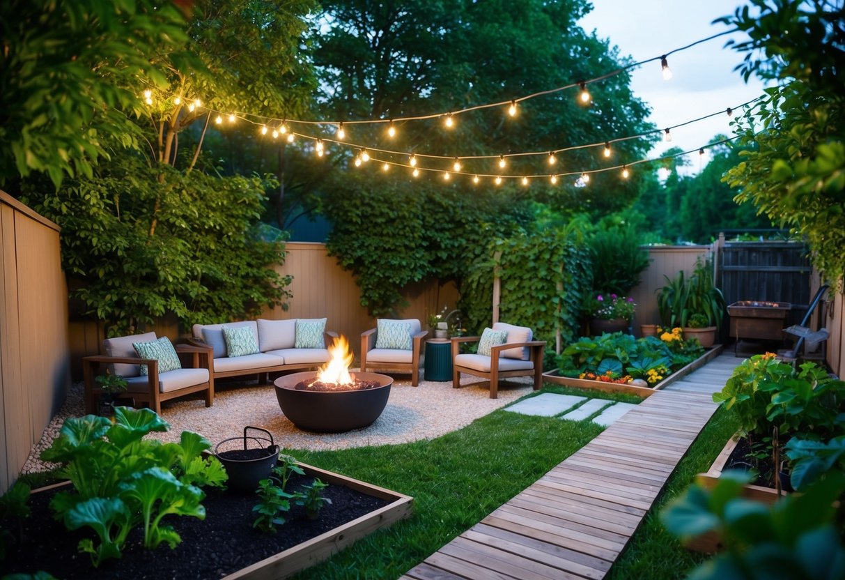 A backyard with a cozy seating area surrounded by lush greenery, a fire pit, and twinkling string lights overhead. A small vegetable garden and a DIY wooden pathway complete the scene