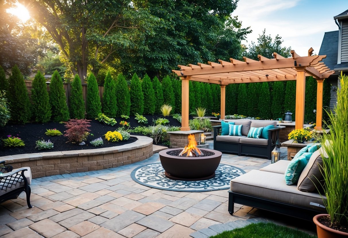 A backyard with a variety of hardscaping elements such as a decorative pathway, raised garden beds, a pergola, and a fire pit surrounded by comfortable seating