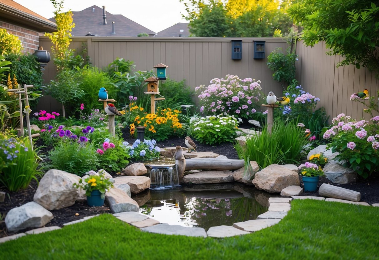 A lush backyard garden filled with blooming flowers, a small pond, bird feeders, and strategically placed rocks and logs for wildlife to perch on