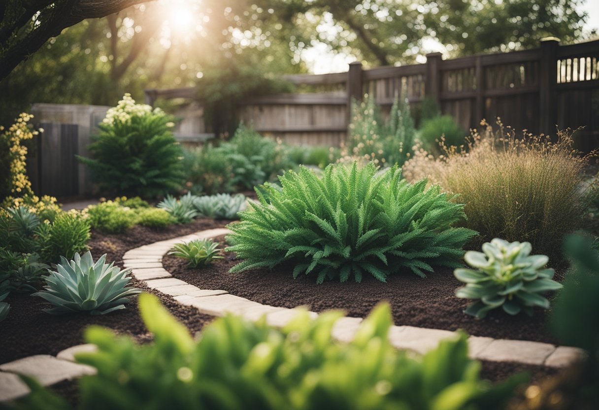 A lush Texas yard with native plants, mulch, and a drip irrigation system conserving water