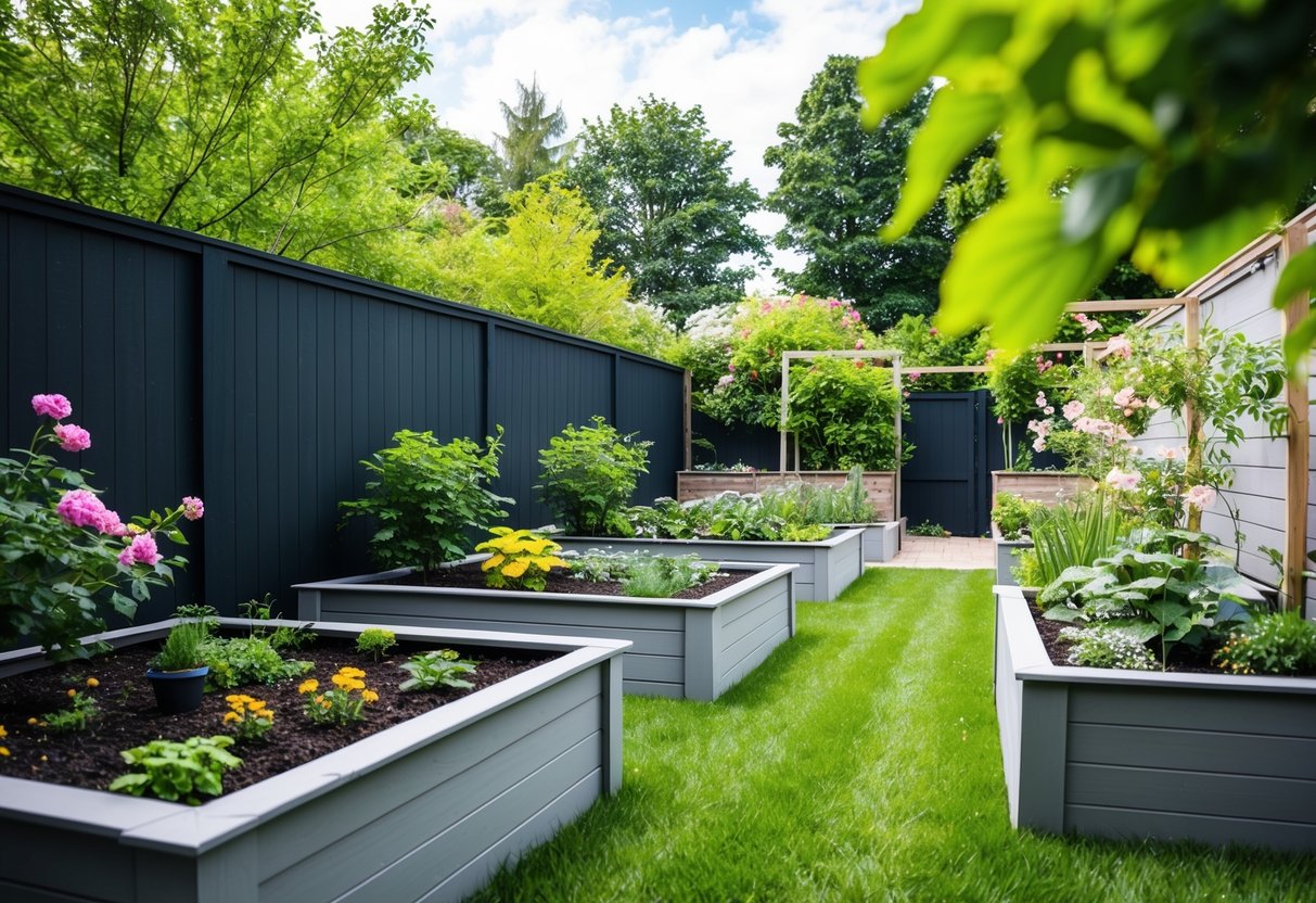 A backyard with raised garden beds and vertical structures, surrounded by lush greenery and blooming flowers