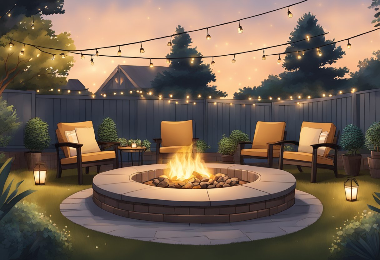 A cozy outdoor entertainment space in Texas, featuring a fire pit, comfortable seating, string lights, and lush landscaping