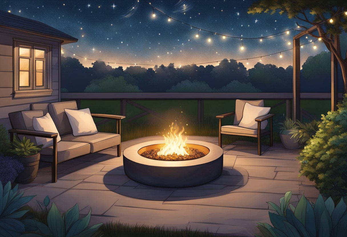 A cozy outdoor space with a fire pit, string lights, and comfortable seating surrounded by lush greenery under a starry Texas night sky