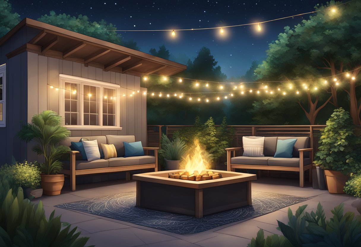 A cozy outdoor entertainment space with comfortable seating, a fire pit, and string lights, surrounded by lush greenery and a clear night sky