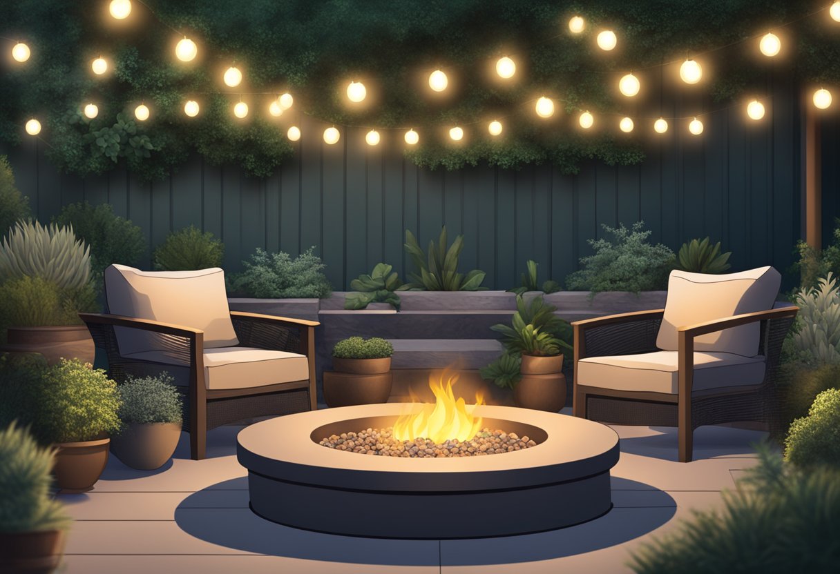 A cozy outdoor seating area with plush cushions and a fire pit, surrounded by lush greenery and string lights for Texas evenings