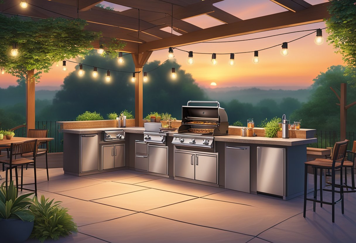 A spacious outdoor kitchen with a grill, bar, and dining area surrounded by lush landscaping and string lights, set against a backdrop of a Texas sunset