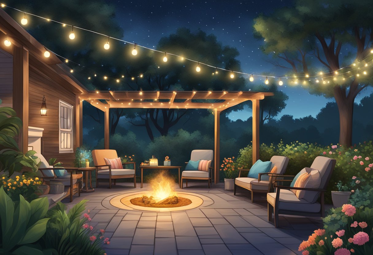 A spacious outdoor patio with cozy seating, a fire pit, and string lights, surrounded by lush greenery and colorful flowers, under a starry Texas night sky