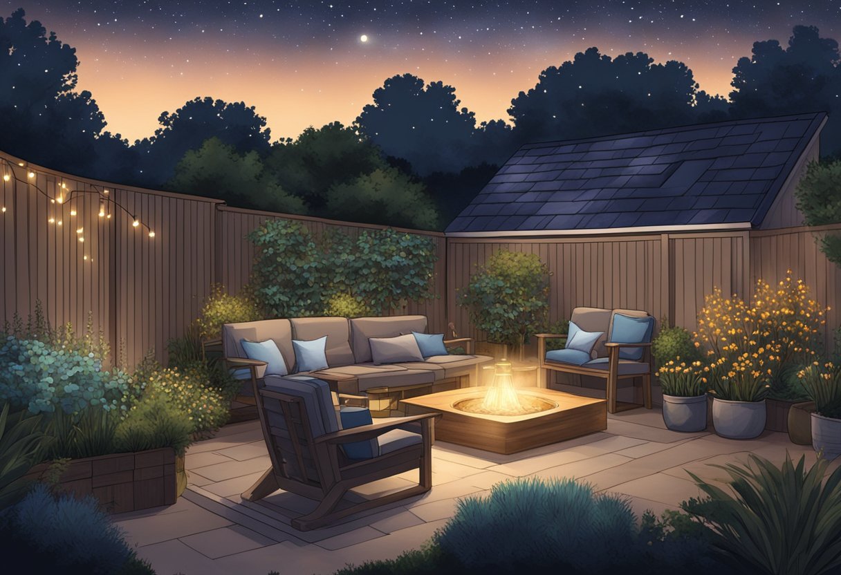 A cozy outdoor entertainment space in Texas, with warm lighting illuminating a sheltered seating area, surrounded by native plants and a starry night sky