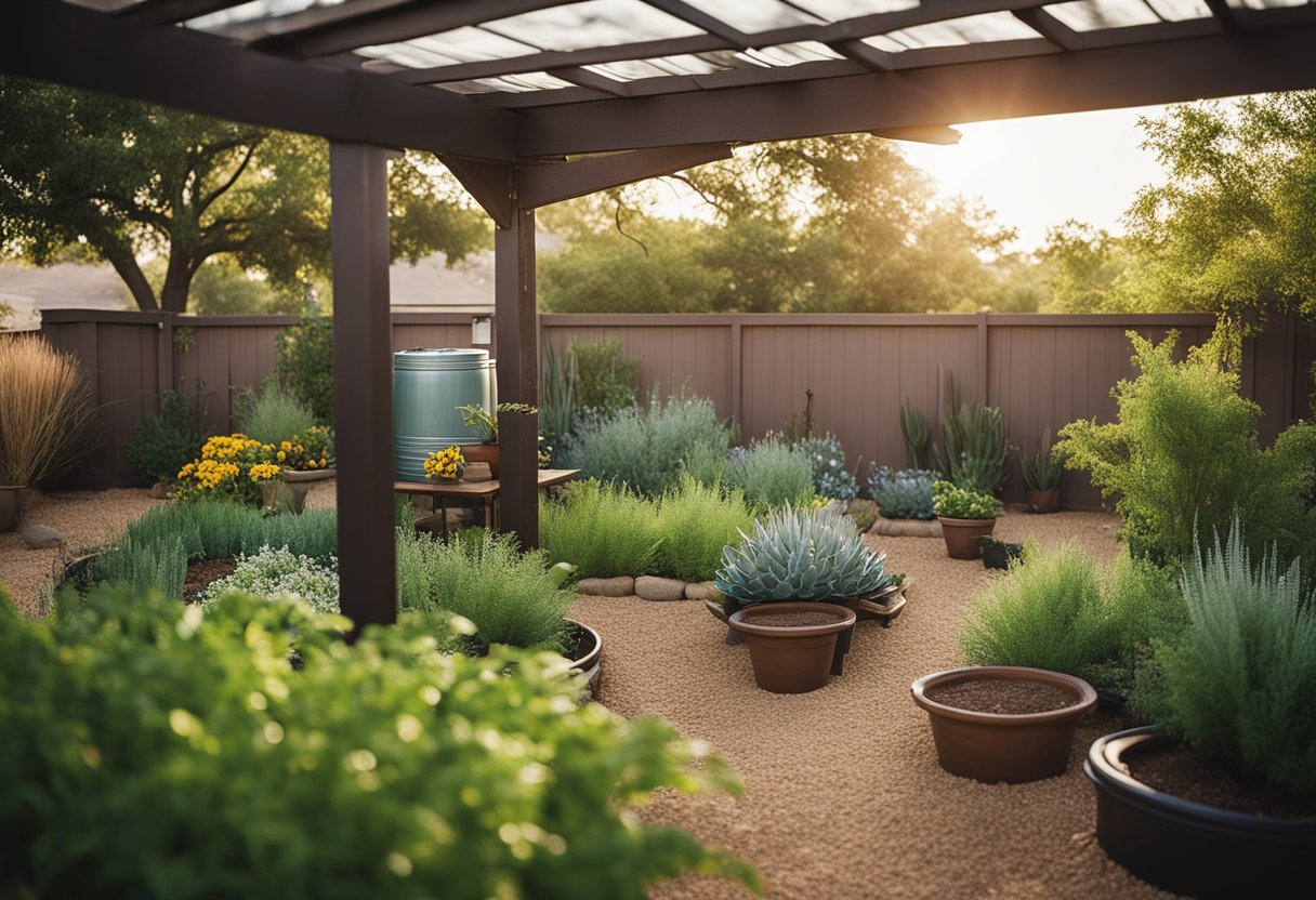 A vibrant Texas yard with drought-resistant plants, a rain barrel, and a drip irrigation system