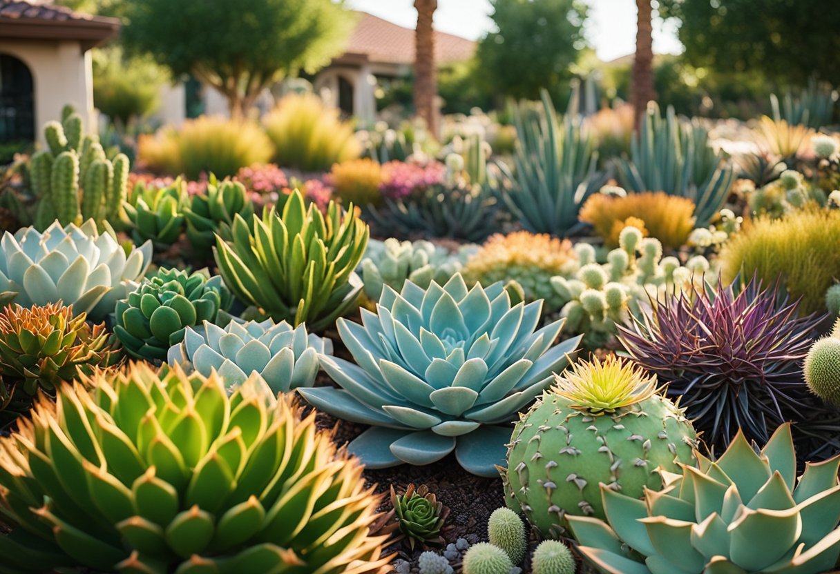 A colorful array of drought-resistant plants, including succulents, cacti, and ornamental grasses, thriving in a beautifully landscaped garden in Carrollton