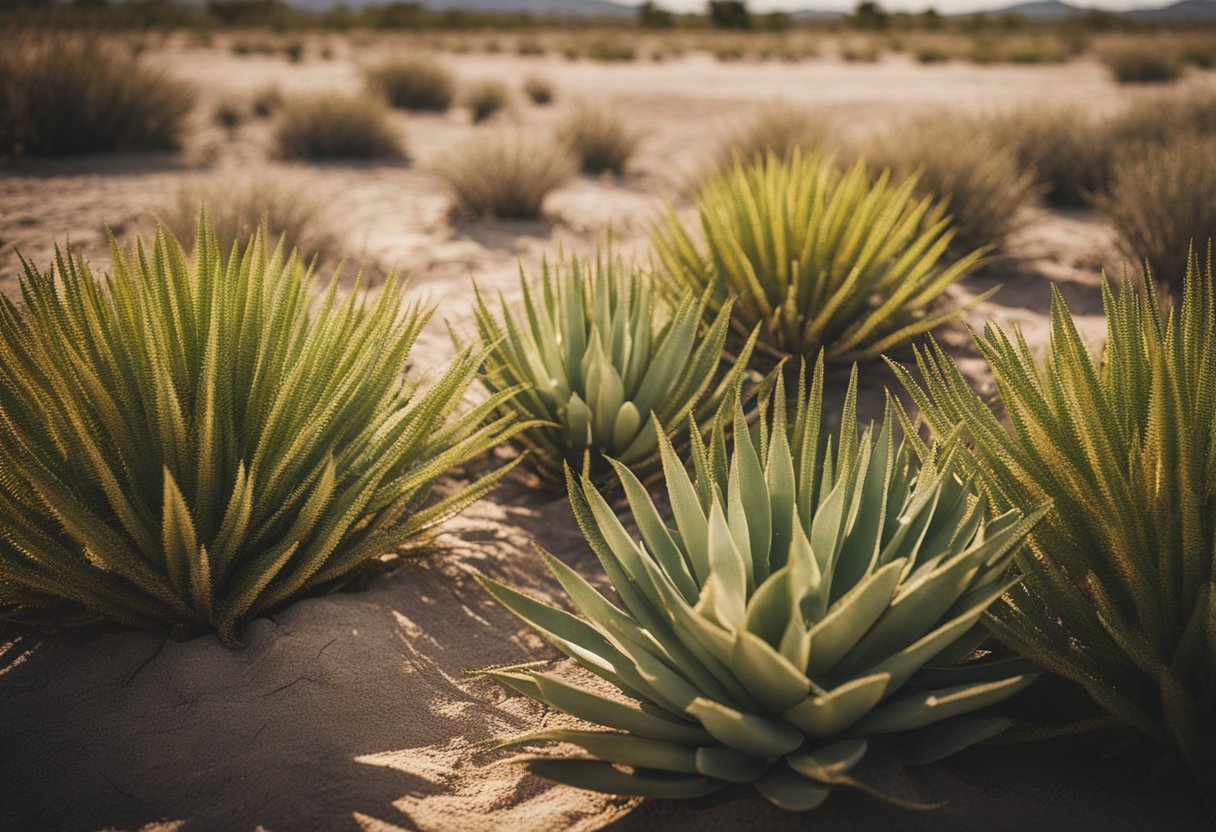 A vibrant Carrollton landscape with drought-resistant plants thriving in the dry, arid soil, showcasing their resilience and beauty