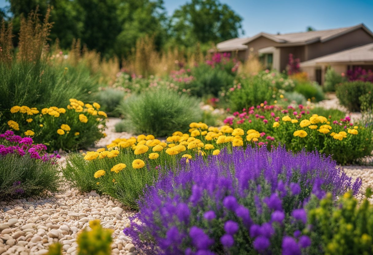 A vibrant Carrollton landscape with drought-resistant plants in full bloom, showcasing a variety of colors, textures, and heights