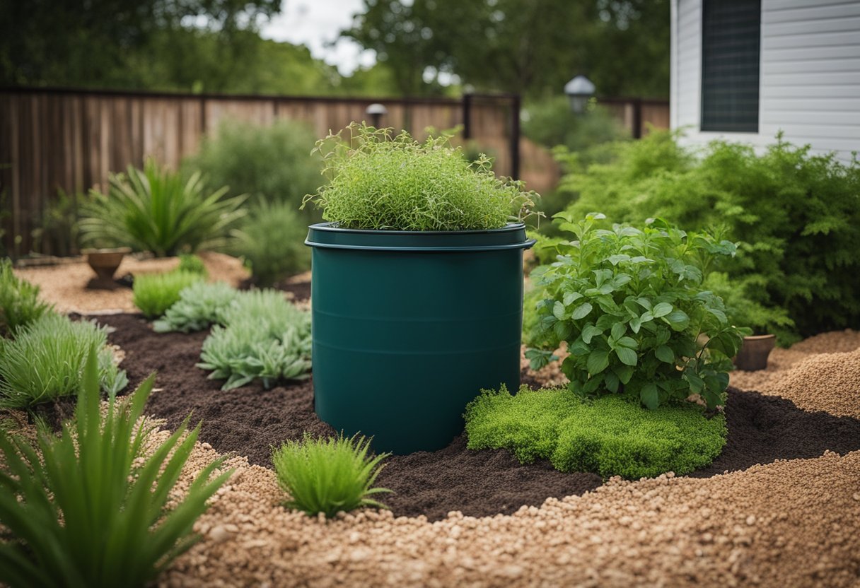 A garden with native Texas plants surrounded by soil and mulch, with a rain barrel and drip irrigation system to conserve water