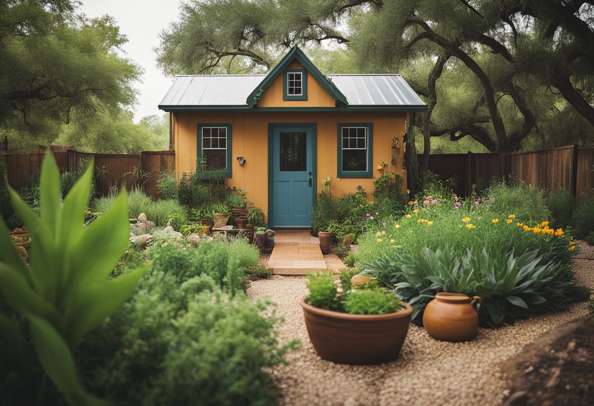 A colorful Texas yard with native plants, a rain barrel, and a drip irrigation system, surrounded by greenery and wildlife