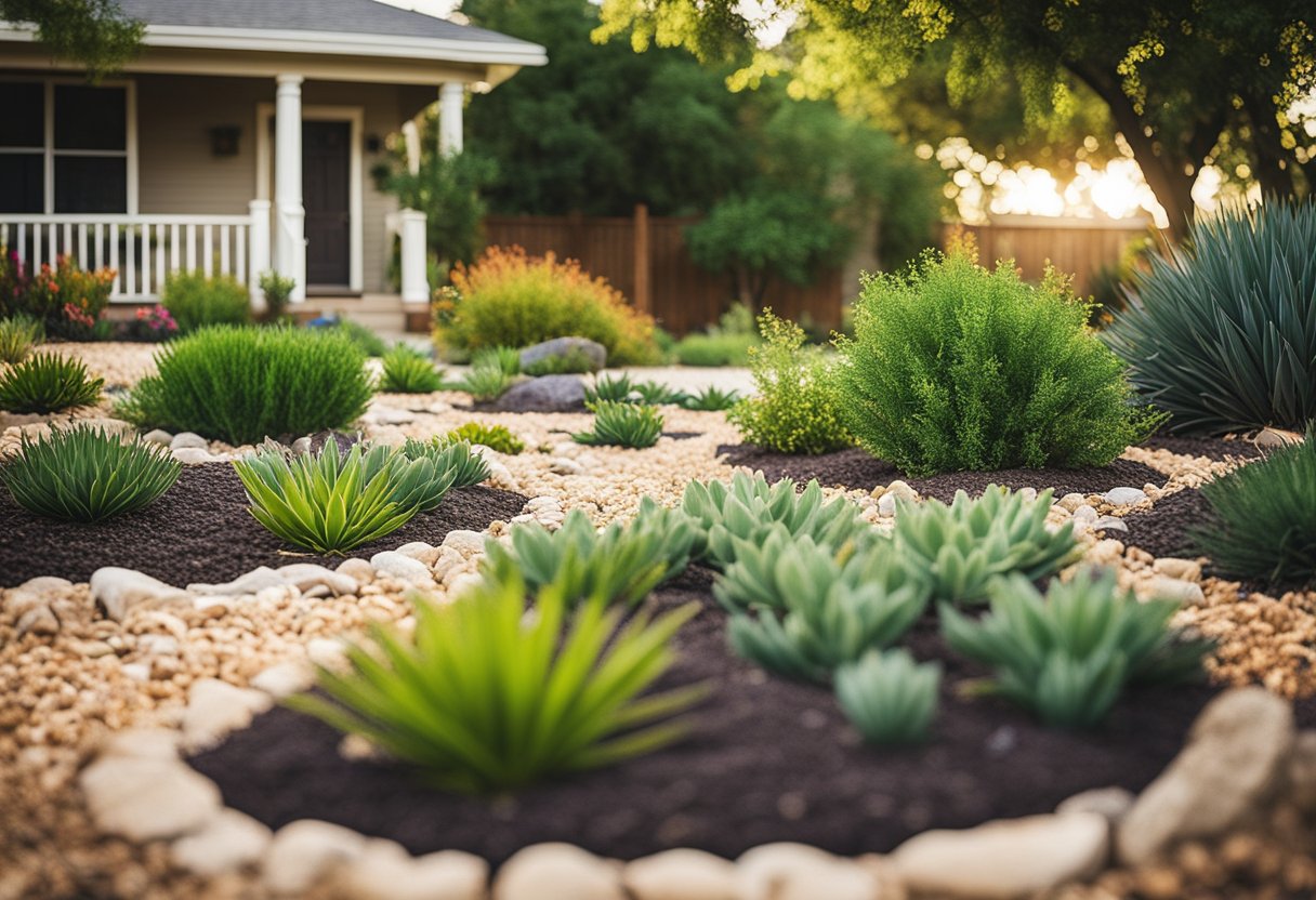 A vibrant Texas yard with drought-resistant plants, mulch, and rocks, surrounded by a water-efficient irrigation system