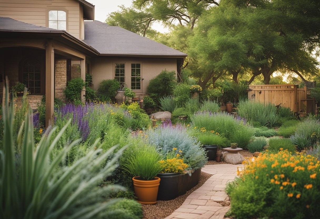 A vibrant Texas yard with native plants, a rain barrel, and drip irrigation system, conserving water and thriving in the hot climate