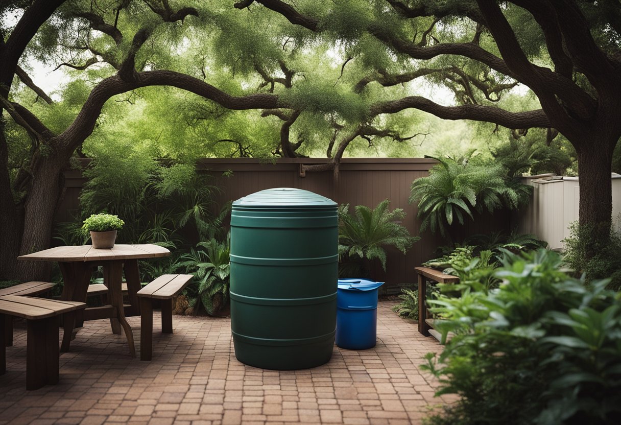 A lush Texas yard with native plants, shaded seating areas, and a rain barrel collecting water from the roof