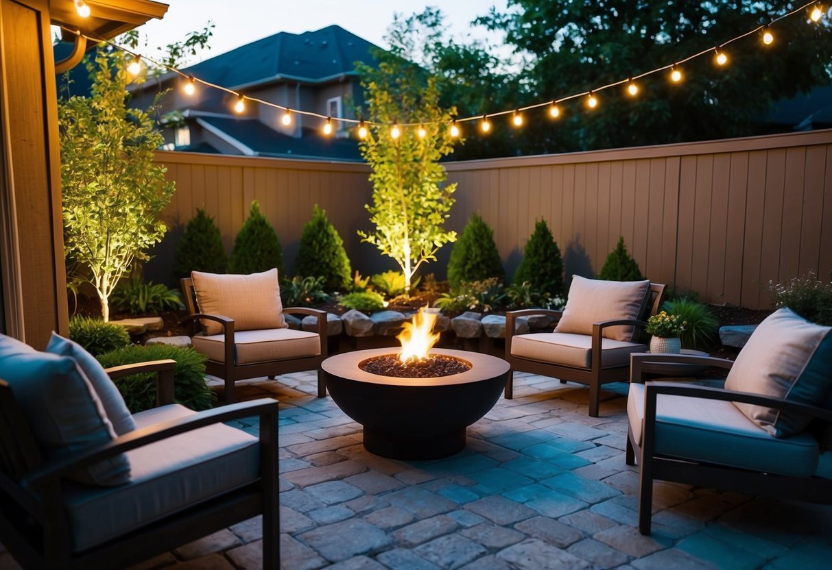 A backyard with soft, warm lighting illuminating a well-landscaped garden with a cozy ambience. A small fire pit and comfortable seating complete the inviting scene